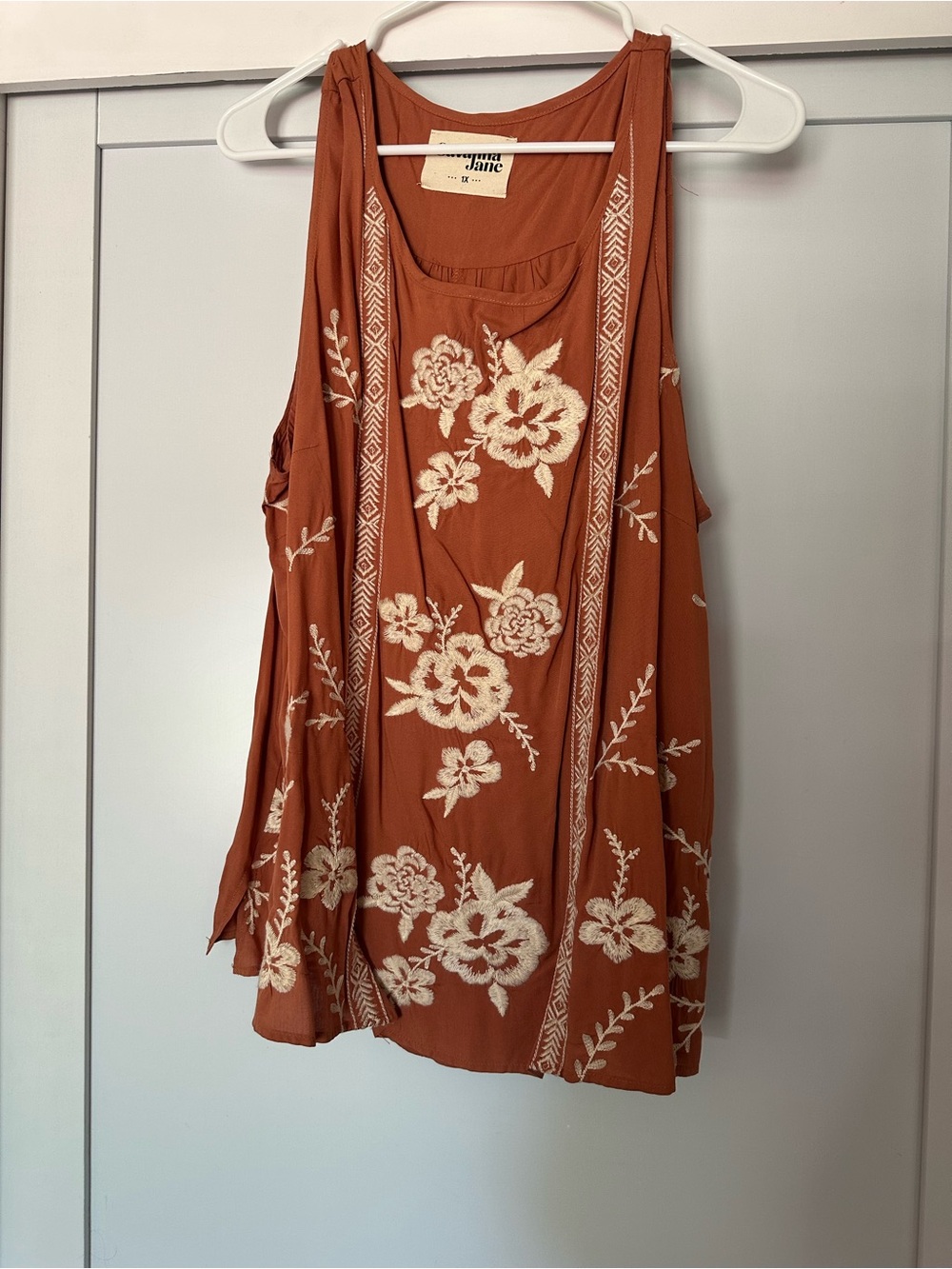 Savanna Jane Rust Orange Tank with Cream Floral Embroidery